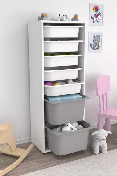 Zola 7 Körbchen Schrank Spielzeugschrank Multifunktionaler Küchen-, Bad- und Vorratsschrank Grau Weiß