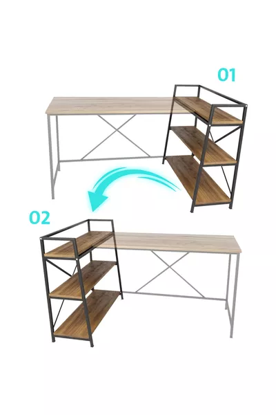 Kiefer/Schwarz, für beidseitige Nutzung geeigneter Schreibtisch mit Ablagen, Computertisch, L-Schreibtisch, mit Metallbeinen