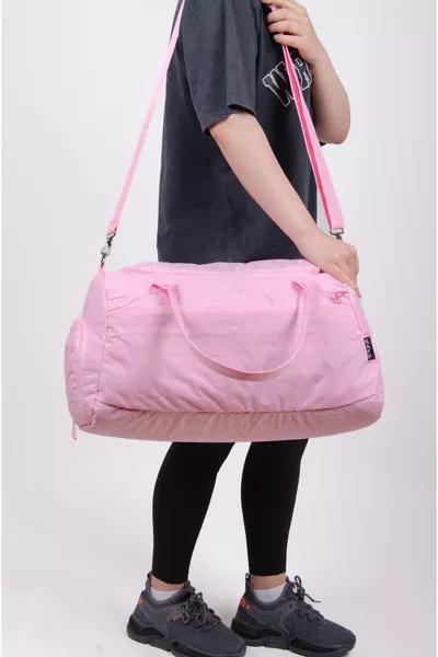 Pink Crinkle Fabric Shoe Compartment  Front Pocket Waterproof Shoulder Strap Sports and Travel Bag