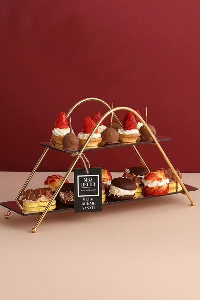 تقديم جانبي للقهوة بشكل مثلث مع مرآة ذهبية، هدية للديكور، منظم للحلويات من خشب MDF 