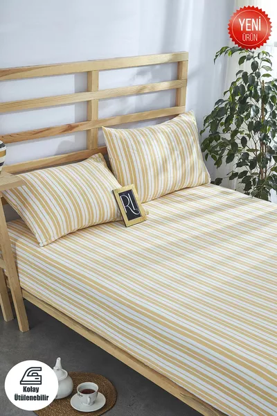 طقم ملاية مخططة صفراء بمطاط من القطن مع غطاء وسادة مفرد-مزدوج-كبير