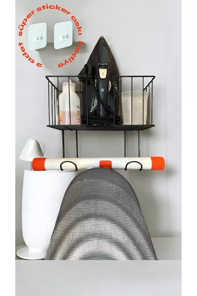 Deur- en wandgemonteerde strijkijzer- en strijkplankorganizer super stickerhaak (STRIJKIJZERHAK)