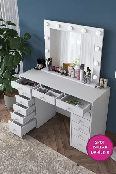 طاولة مكياج مع مرآة بإضاءة هوليوود Rani  ومنظم مجوهرات أبيض