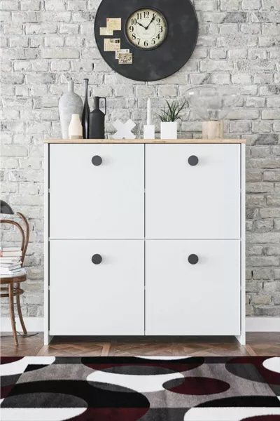 خزانة زخرفية من هاوس بأربعة أبواب وأربعة رفوف - خشب البلوط الأبيض