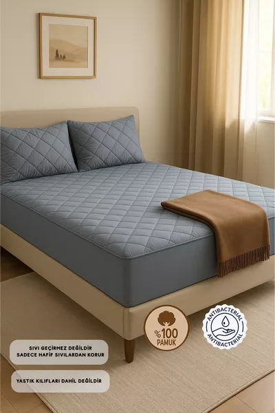 مفرش سرير محشو من القطن بنسبة ٪ باللون الرمادي - قابل للتركيب للحماية - للأطفال، مفرد، مزدوج، سرير كبير