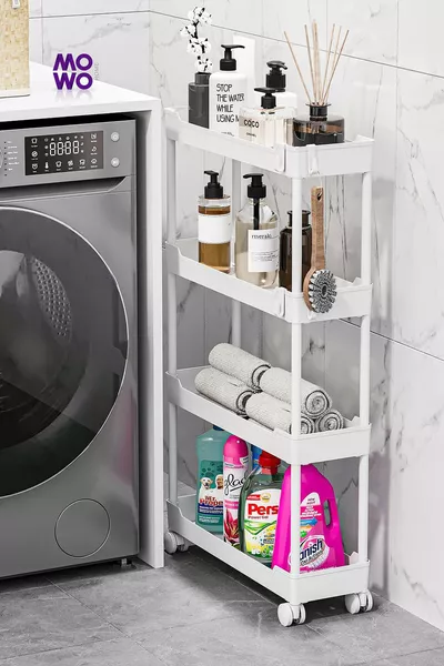 Étagère à roulettes mince 4 niveaux blanche, étagère de salle de bain, étagère de cuisine, organisateur de salle de bain