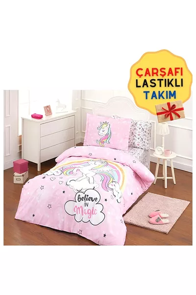 Parure de lit pour fille avec drap-housse à licorne et housse de couette simple