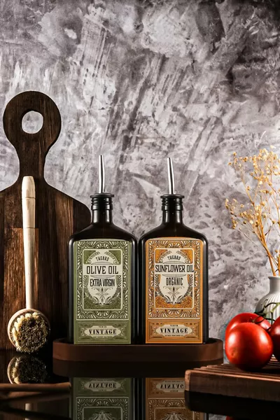 ml Flasche Premium Olivenöl und Sonnenblumenöl mit Holzständer, grün-gelb