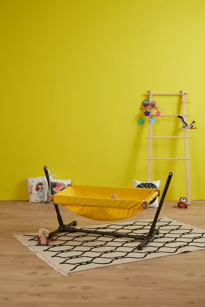 Culla Amaca per Bambole in Legno con Supporto (Giallo)