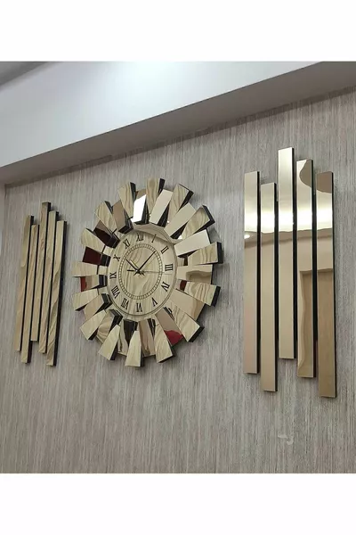 3D огледално пиано модел ламперия сребърна декорация Златни римски цифри тройни стенен часовник