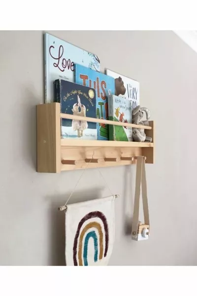 Естествено дърво Монтесори библиотека Детска бебешка стая Поставка за дрехи Стенен рафт Страничен дълъг