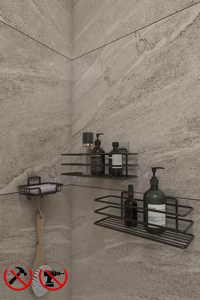 Самозалепваща стойка с 2 куки за организатор, мат и твърд сапунерник и поставка за гъби за миене на съдове