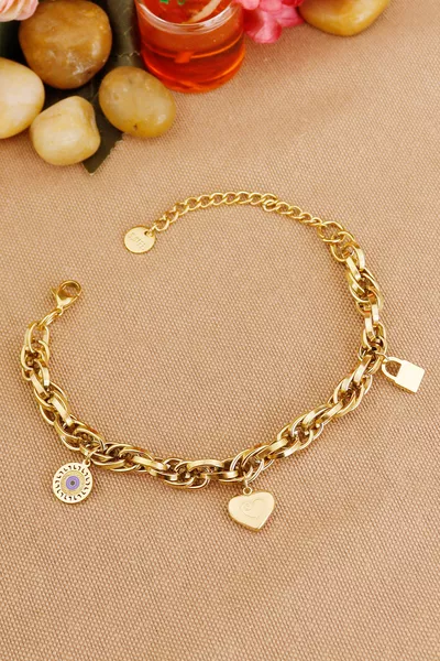 سوار من الفولاذ المقاوم للصدأ L مزين بسلسلة حلقية متشابكة على شكل قلب وعين الحسد، مقاوم للسواد والتغير، مقاس +5 سم