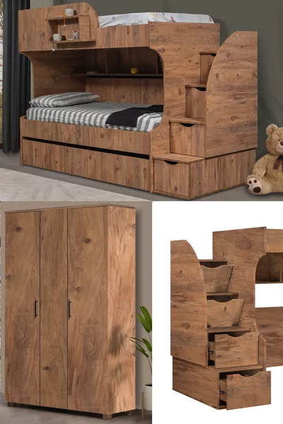 Stapelbed, Aura Kinder Stapelbed 3-Deurs Kast - Walnoot