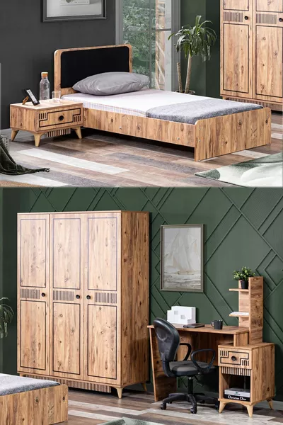 Младежка стая Атлантик - гардероб с 3 врати, легло, нощно шкафче, бюро