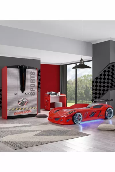 Camera dei bambini - Letto con carrello Jaguar a vento - Armadio a 3 ante Sport, Scrivania - Rosso