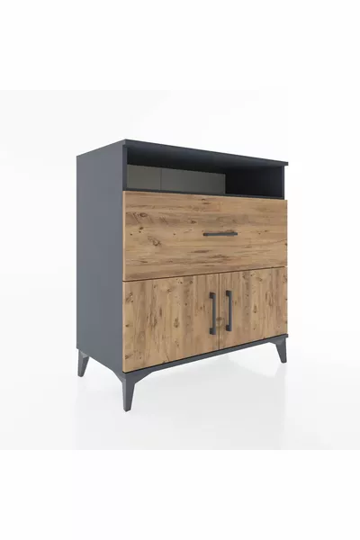 خزانة هايبرون بروفيل برافعة واحدة ودرج واحد وغطائين، رمادية-صنوبر