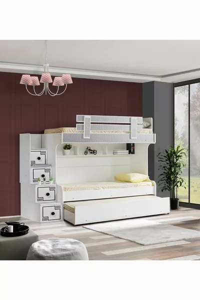 Bunk Bed, Ladder Bunk Bed with Lower Bunk - White