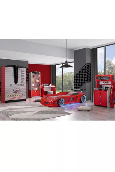 Camera dei Bambini - Letto con Macchina Jaguar, Armadio a 3 Ante Sport, Scrivania, Comò, Libreria - Rosso