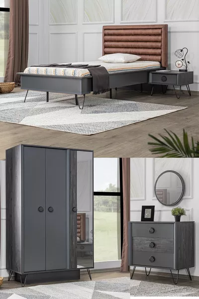 غرفة نوم بلاك نيو جينك - خزانة بثلاثة أبواب، سرير، منضدة جانبية، دولاب أدراج