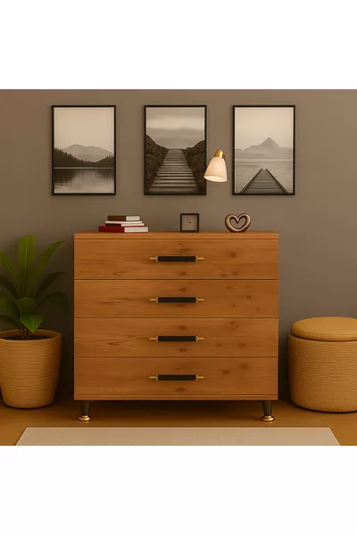 خزانة عصرية بأربع أدراج بتفاصيل زجاجية – أثاث غرفة النوم