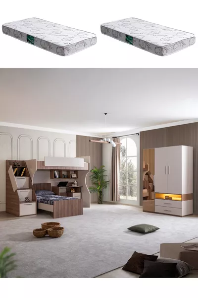 Двуетажно легло, комплект за младежка стая Milano, бюро, двукрилен шкаф, 2 броя комфортни матрака