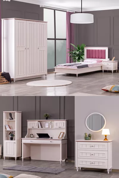 Комната для подростка Ezgi - шкаф с 3 дверцами, кровать, тумбочка, стол, комод, книжный шкаф