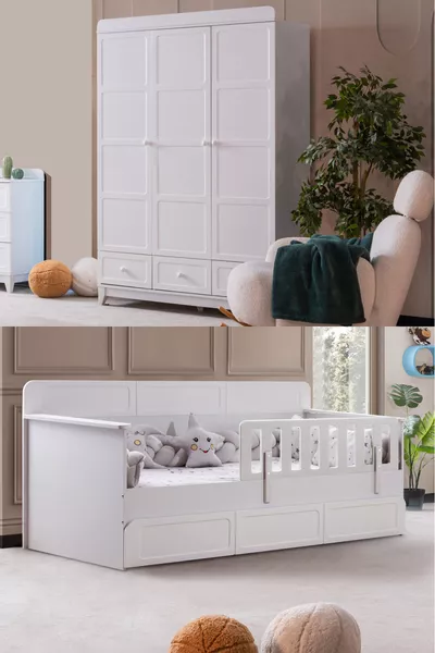 Mira Kids Room Set, Mira Bunk Bed with Storage, Berlin 3-Door Wardrobe - White