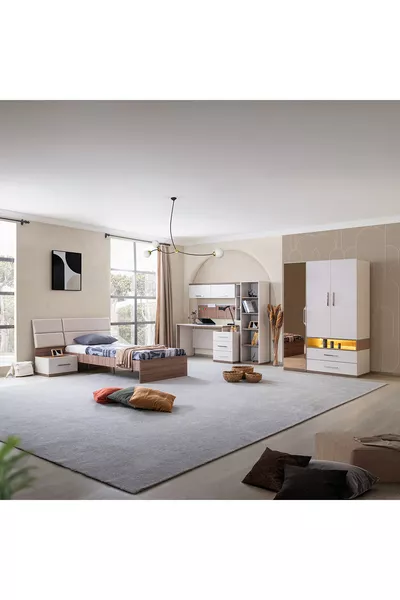 غرفة نوم شبابية ميلانو - خزانة بثلاثة أبواب مع مرآة، سرير، منضدة جانبية، مكتب، مكتبة