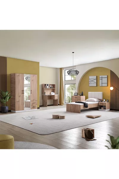 Youth Room Efes 3-Door Wardrobe, Bed, Desk, Dresser, Nightstand Walnut Cream