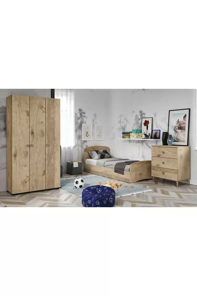 Soft Kid's Room Set Oak - Bed, 3-Door Wardrobe, 3-Drawer Dresser All Made of MDF