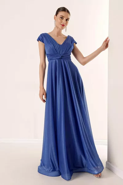 Robe longue à manches demi-lune à col en V drapée doublée de paillettes