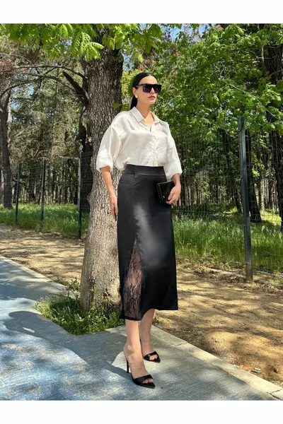 Satin long skirt with lace detail on black sides 