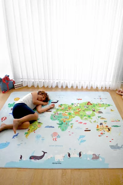 خريطة العالم، سجادة لعب للأطفال والرضع، زرقاء، ناعمة، للنشاطات والفعّاليات
