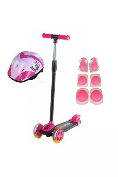 سكوتر أطفال بعجلات ثلاثية قابلة لتعديل الارتفاع مع إضاءة LED + خوذة وواقي ركب للأطفال من عمر 3 سنوات فما فوق