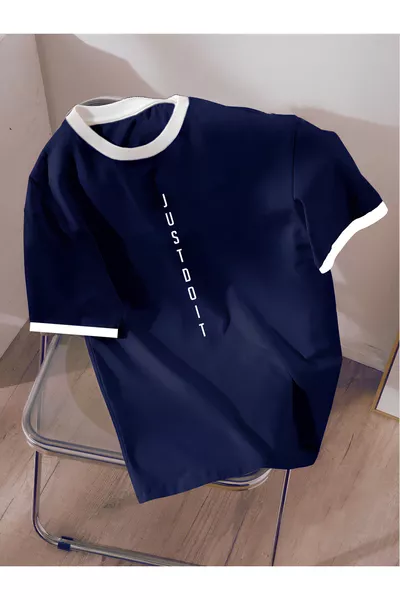 تي شيرت قطنية أزرق داكن وأبيض برقبة، للجنسين، رجالي/نسائي، بطباعة خاصة JustDoIt، حجم كبير