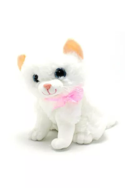 Gatto di peluche grigio e bianco con motivi che miagola