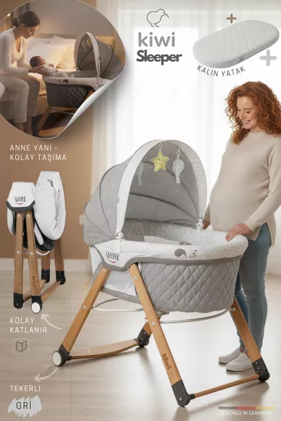 سرير أطفال قابل للطي بعجلات خشبية مع تعديل لمنع الارتجاع - لونه بني فاتح