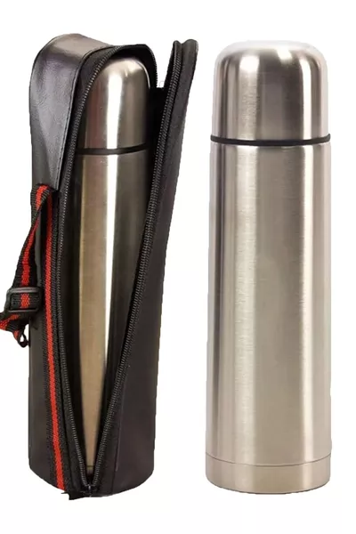 Термо чаша с кожен калъф, непропускаща,  мл, сив, от неръждаема стомана, малка, с форма на куршум, бутилка за вода.