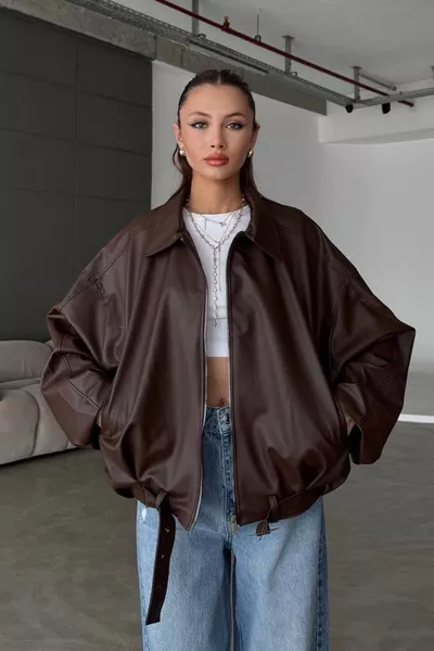 Women's Oversized Leather Jacket – Oversized Relaxed Fit, Zippered Belt Detail, Daily Women's Jacket