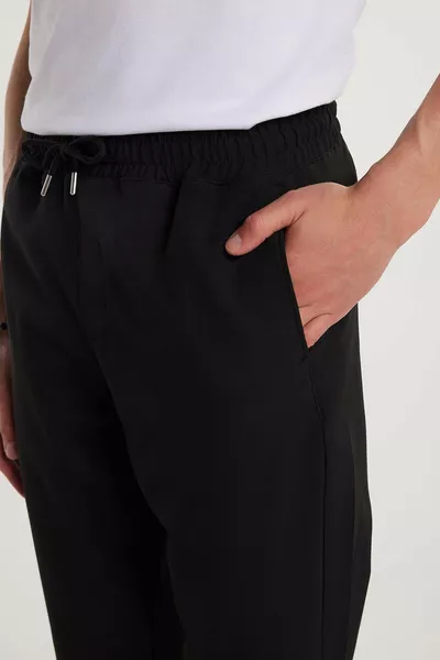 Erkek Regular Fit Beli Lastikli Bağcıklı Jogger Siyah Pantolon Rahat Kesim Yan Cepli