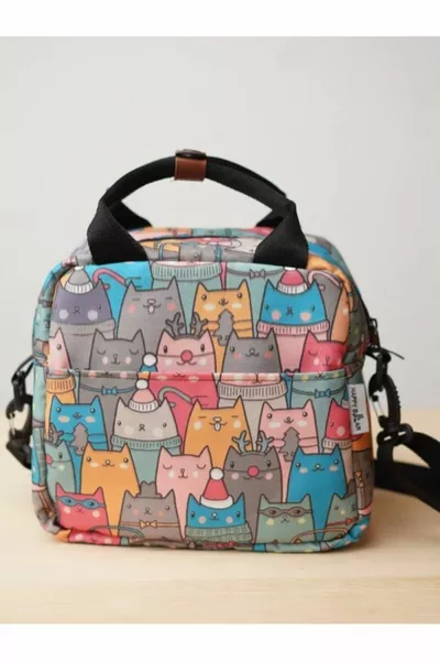 Топлоизолирана водоустойчива термална чанта за носене на храна с презрамка, с котешки мотив