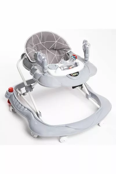 عربة أطفال فاخرة بموسيقى بثلاث مستويات مع ألعاب على شكل عنكبوت - رمادي