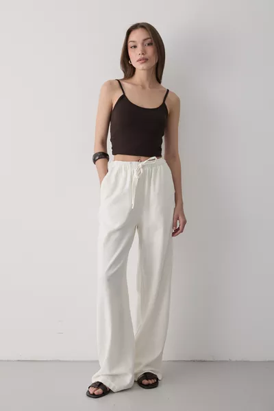 Women's Ecru Lined Elastic Waist Wide-Leg Palazzo Linen Pants