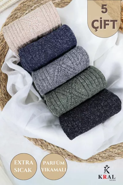 جوارب رجالية شتوية (5 أزواج) من صوف الحمل، جوارب حرارية