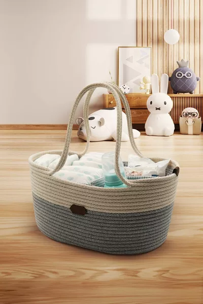 حقيبة الأم والطفل من الجوت باللون الرمادي الفاتح ومنظمة