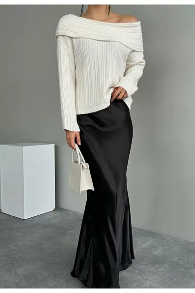 Women's Cream Open Shoulder Folded Sweater