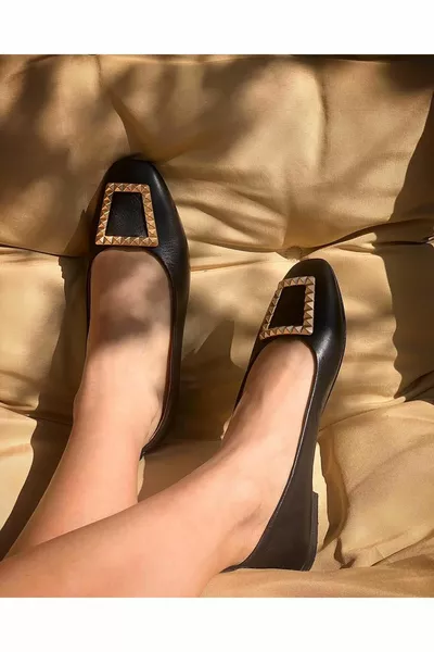 Tage % Echt Leer Vintage Buckle Vrouwen Ballerina's - Zwart Leer