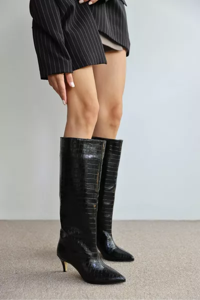 Velda Puntige Neus Korte Hakken Dames Laarzen - ZWART KROKODİL
