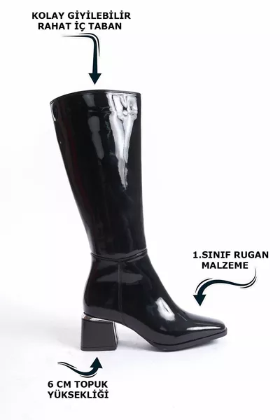 Women's Knee Patent Leather Black Heels Shiny Detailed Zippered Shiny Long Boots